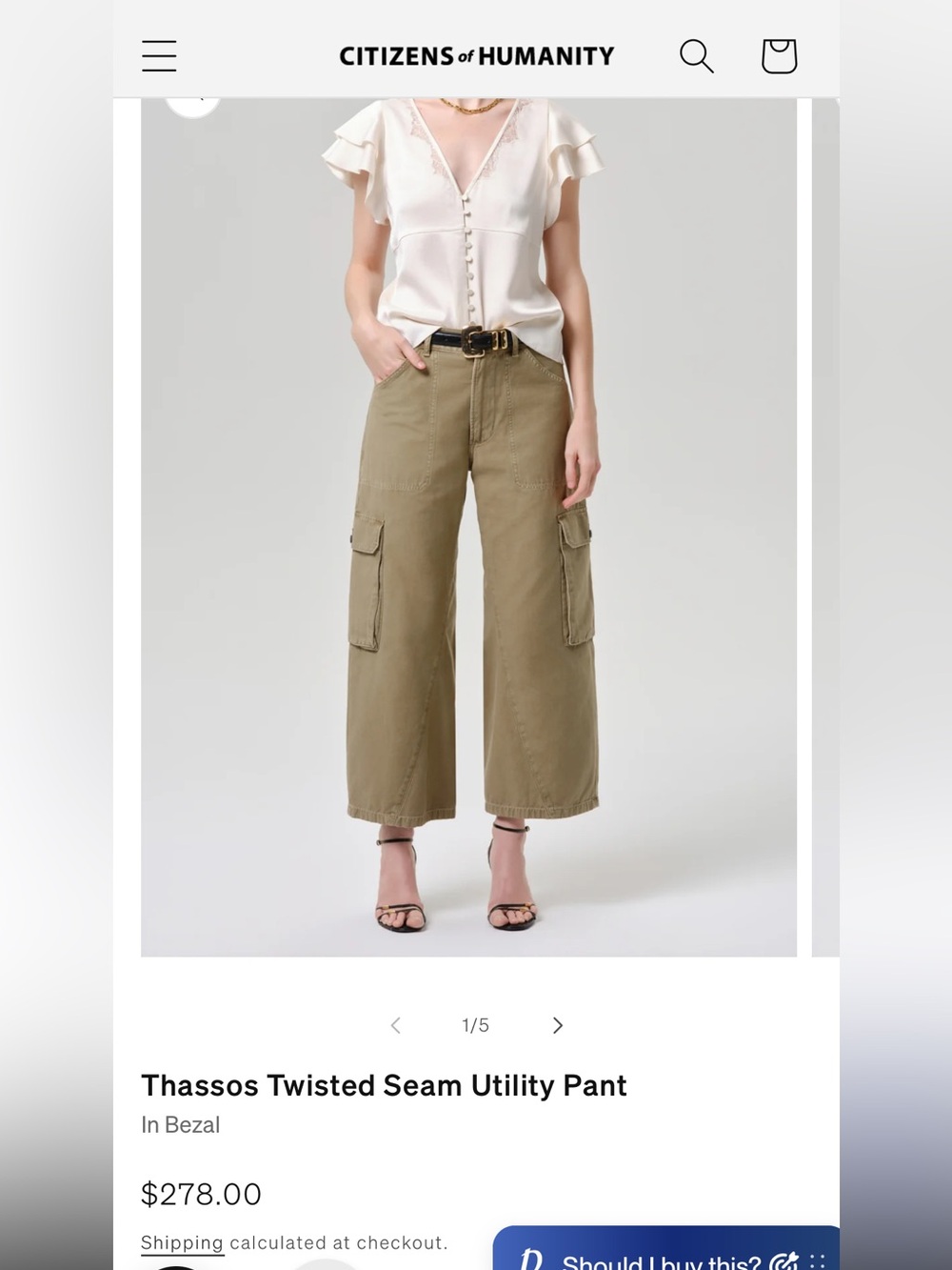 NWT Citizens Of Humanity Thassos Wide-Leg Cargo Pant in Bezal (Olive)